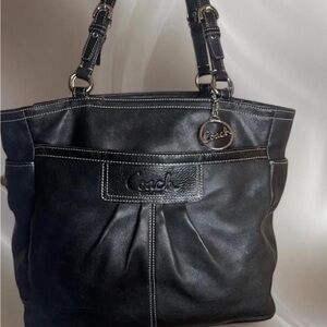 Coach Black Leather Tote with Silver Accents